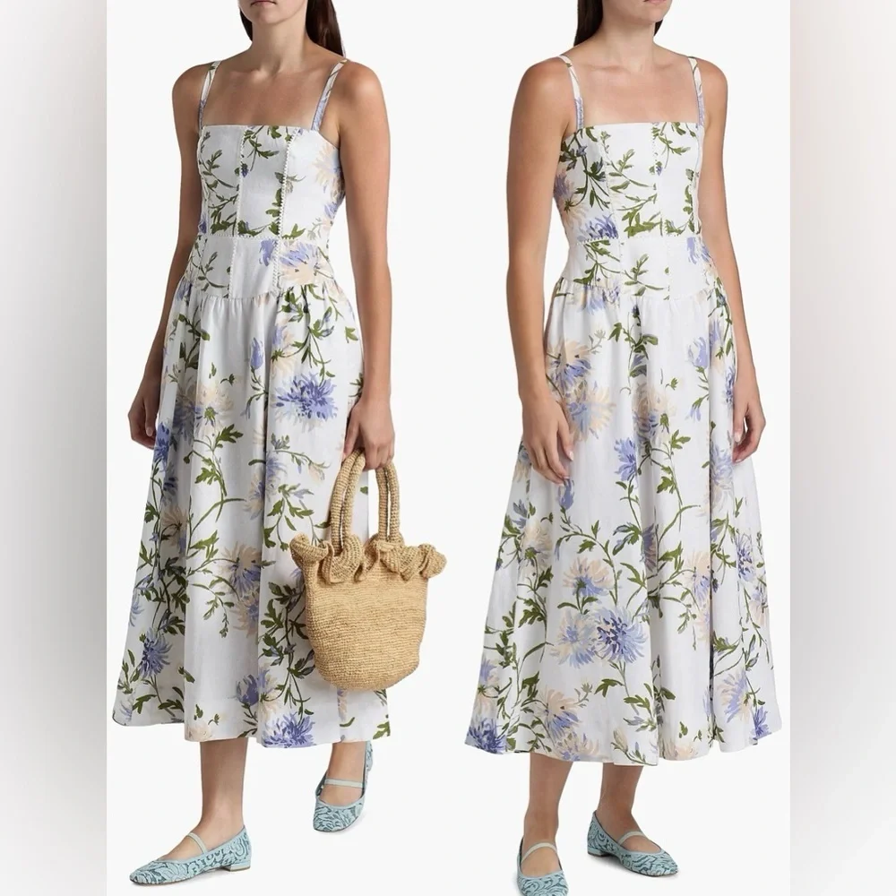 New Reformation Katarin Floral Linen A-Line Serenity Print Midi-Dress sz 12 - Picture 2 of 9